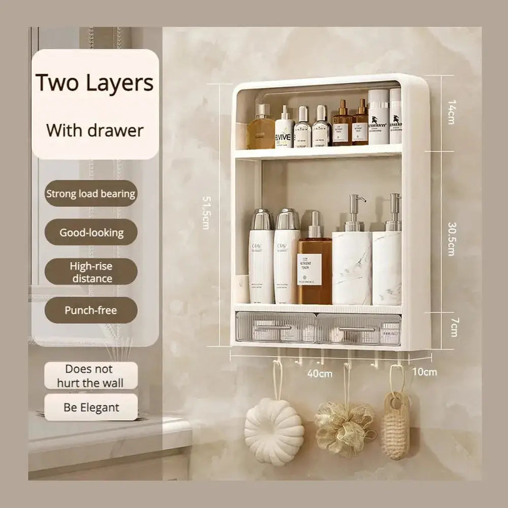 No-Drill Bathroom Organizer Shelf featuring two layers and a drawer for efficient wall-mounted storage.
