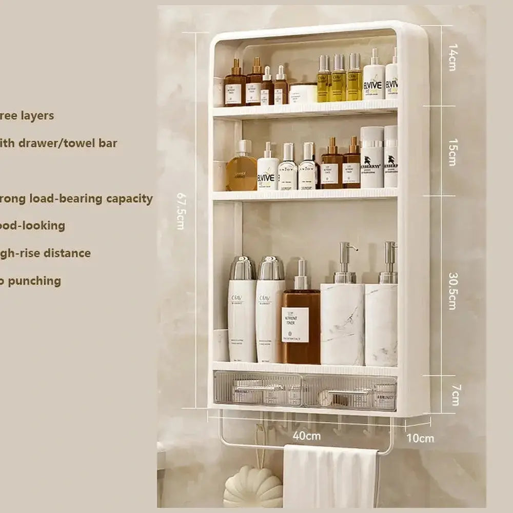 No-Drill Bathroom Organizer Shelf with three layers, drawer, and towel bar for convenient wall-mounted storage.