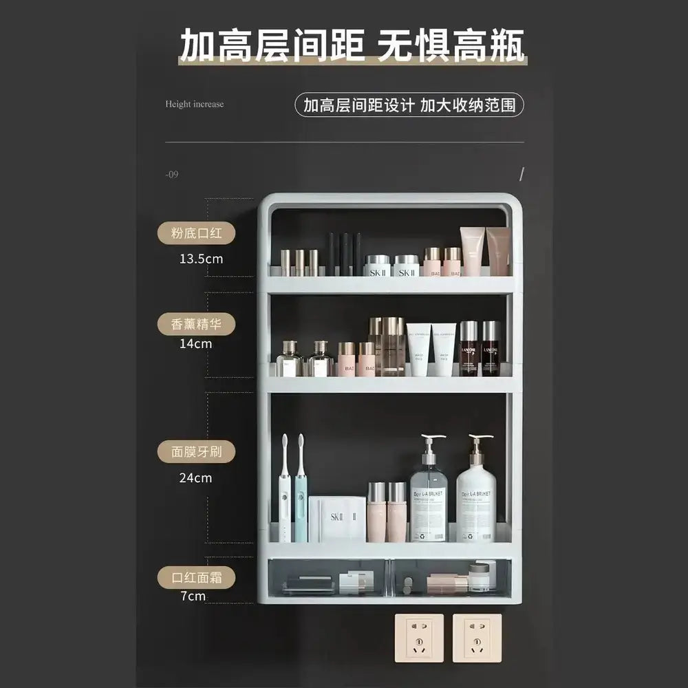 No-Drill Bathroom Organizer Shelf showcasing toiletries and beauty products in a wall-mounted storage rack.