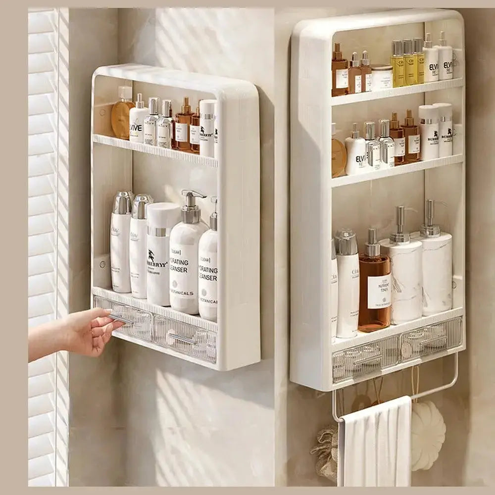 No-Drill Bathroom Organizer Shelf – Wall-Mounted Storage Rack with toiletries and towels