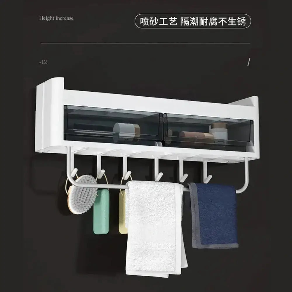 No-Drill Bathroom Organizer Shelf mounted with towels and toiletries for convenient storage.