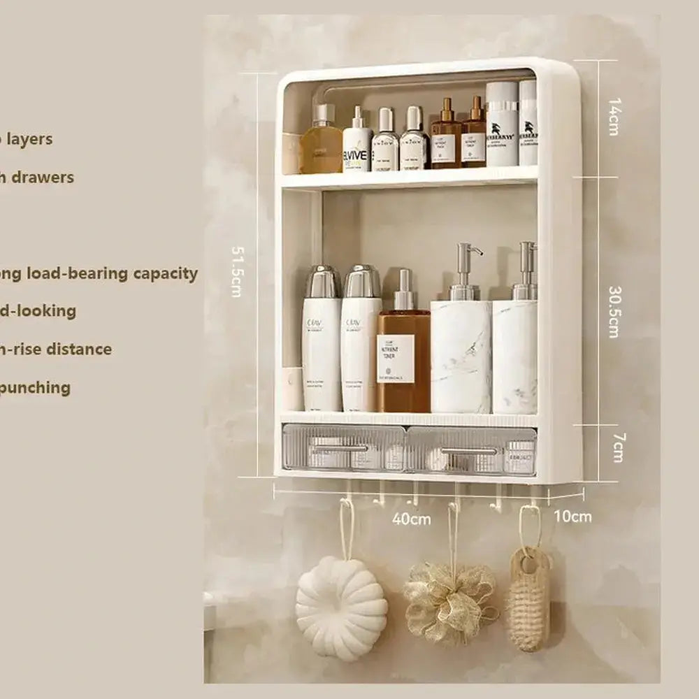 No-Drill Bathroom Organizer Shelf featuring two layers and drawers for convenient wall-mounted storage.