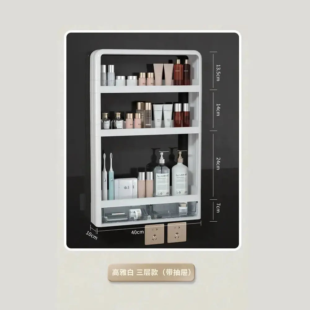 No-Drill Bathroom Organizer Shelf displaying toiletries and beauty products in a wall-mounted rack.