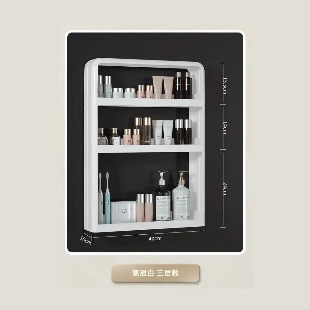 No-Drill Bathroom Organizer Shelf featuring three shelves for toiletries and bathroom essentials in a sleek design.