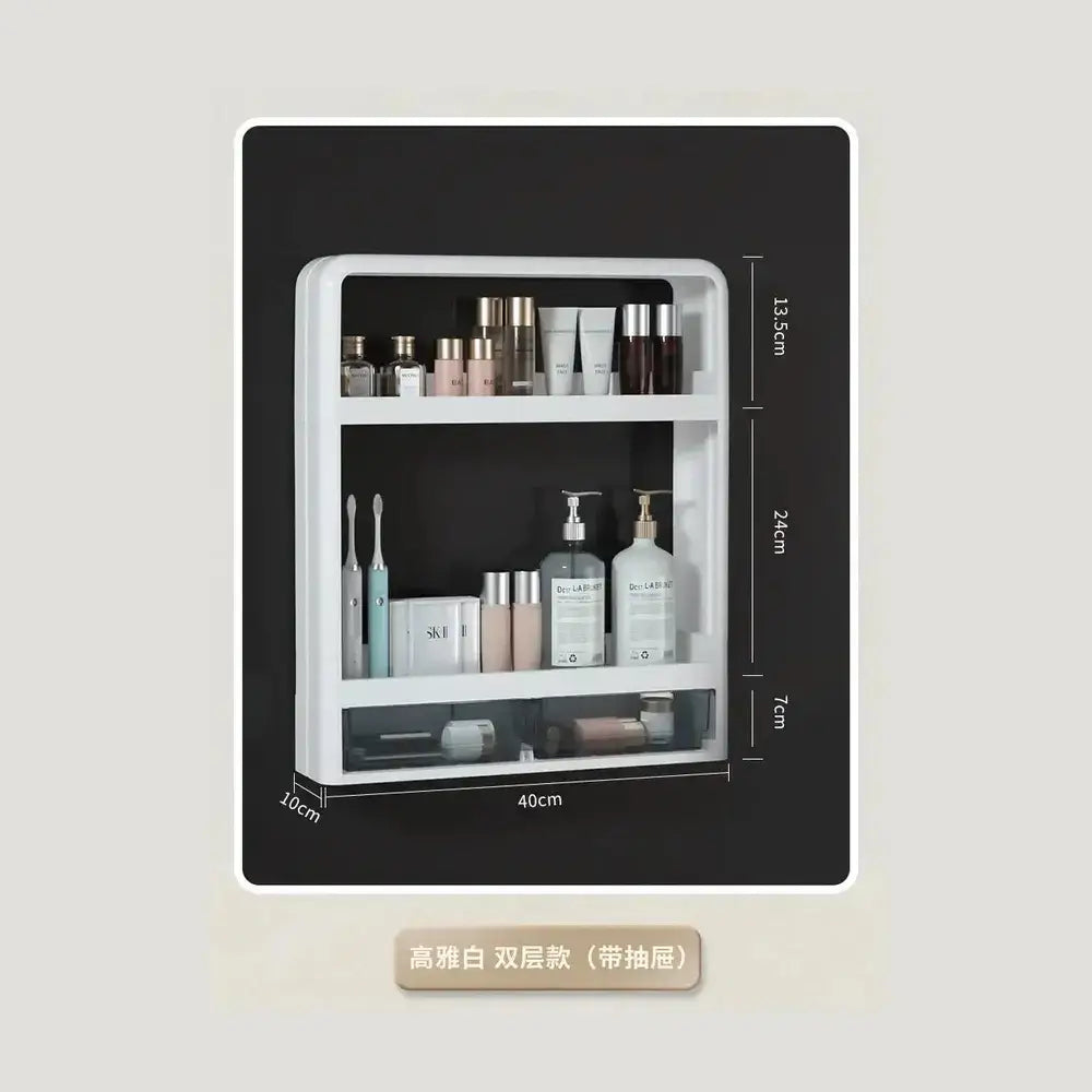 No-Drill Bathroom Organizer Shelf displaying toiletries and essentials in a wall-mounted storage rack.