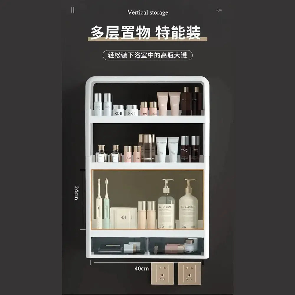 No-Drill Bathroom Organizer Shelf showcasing organized toiletries and beauty products for a clutter-free space.
