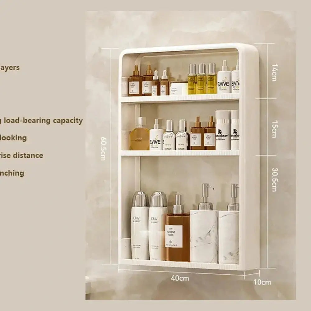 No-drill bathroom organizer shelf with three layers for storing toiletries and bathroom essentials.