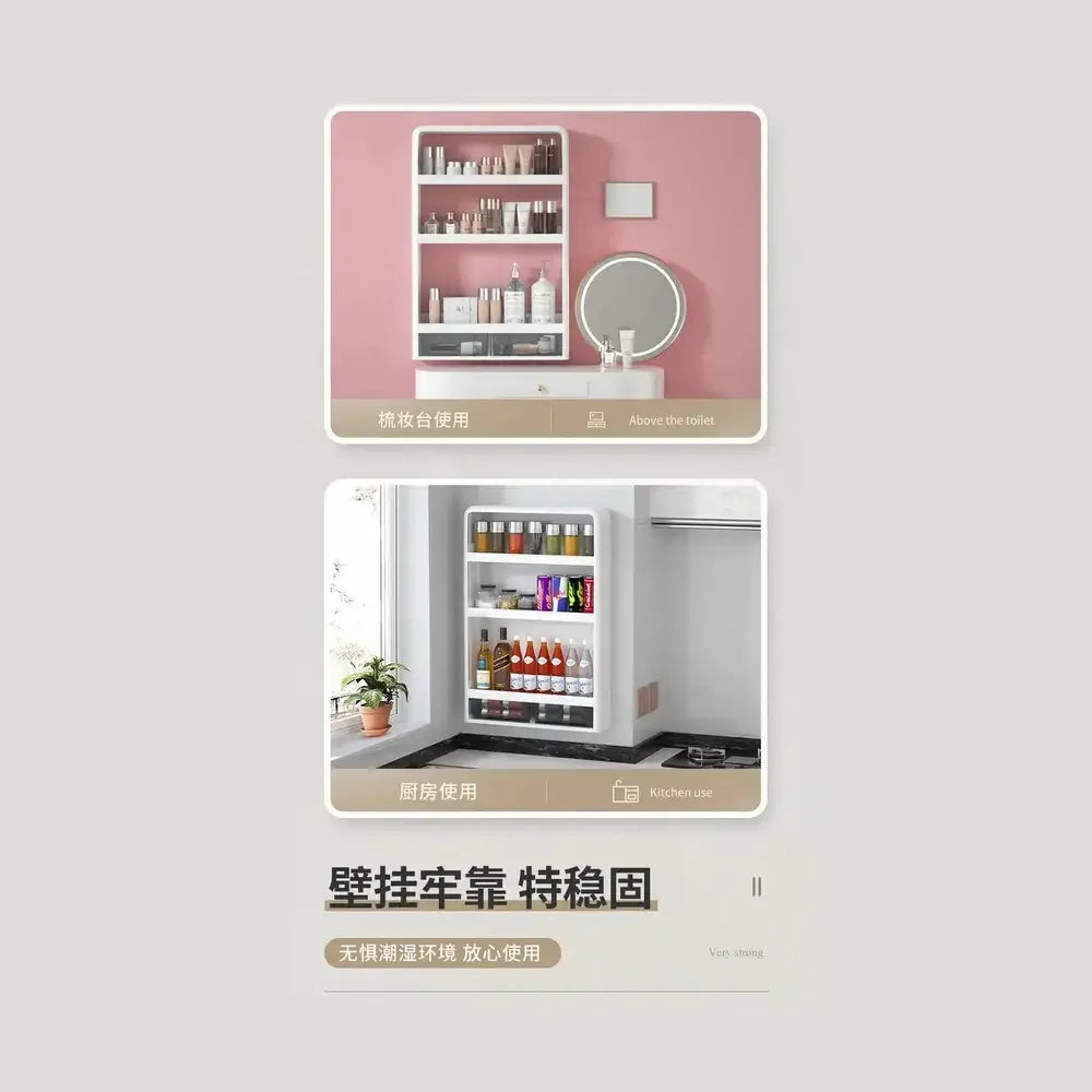 No-Drill Bathroom Organizer Shelf displayed in bathroom and kitchen settings for versatile storage solutions.