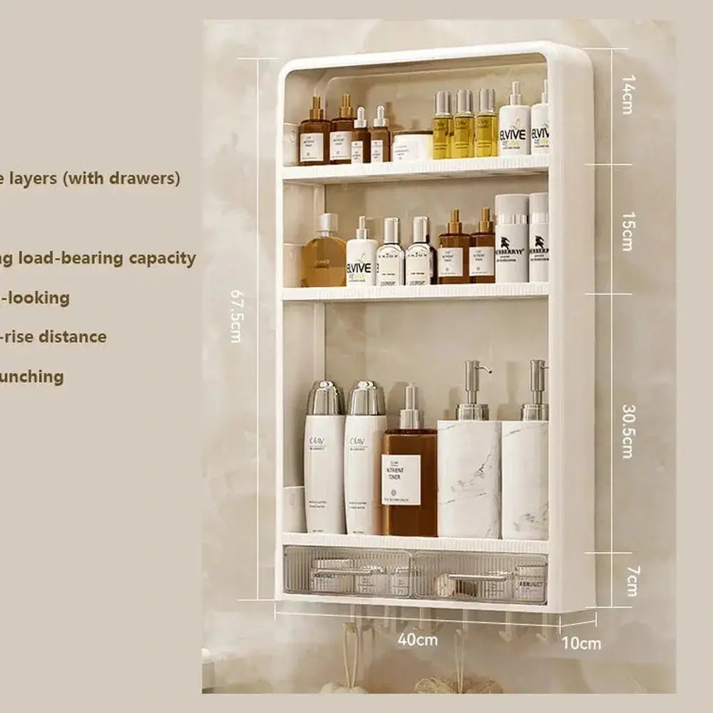 No-drill bathroom organizer shelf with three layers, drawers, and a strong load-bearing capacity for toiletries storage.