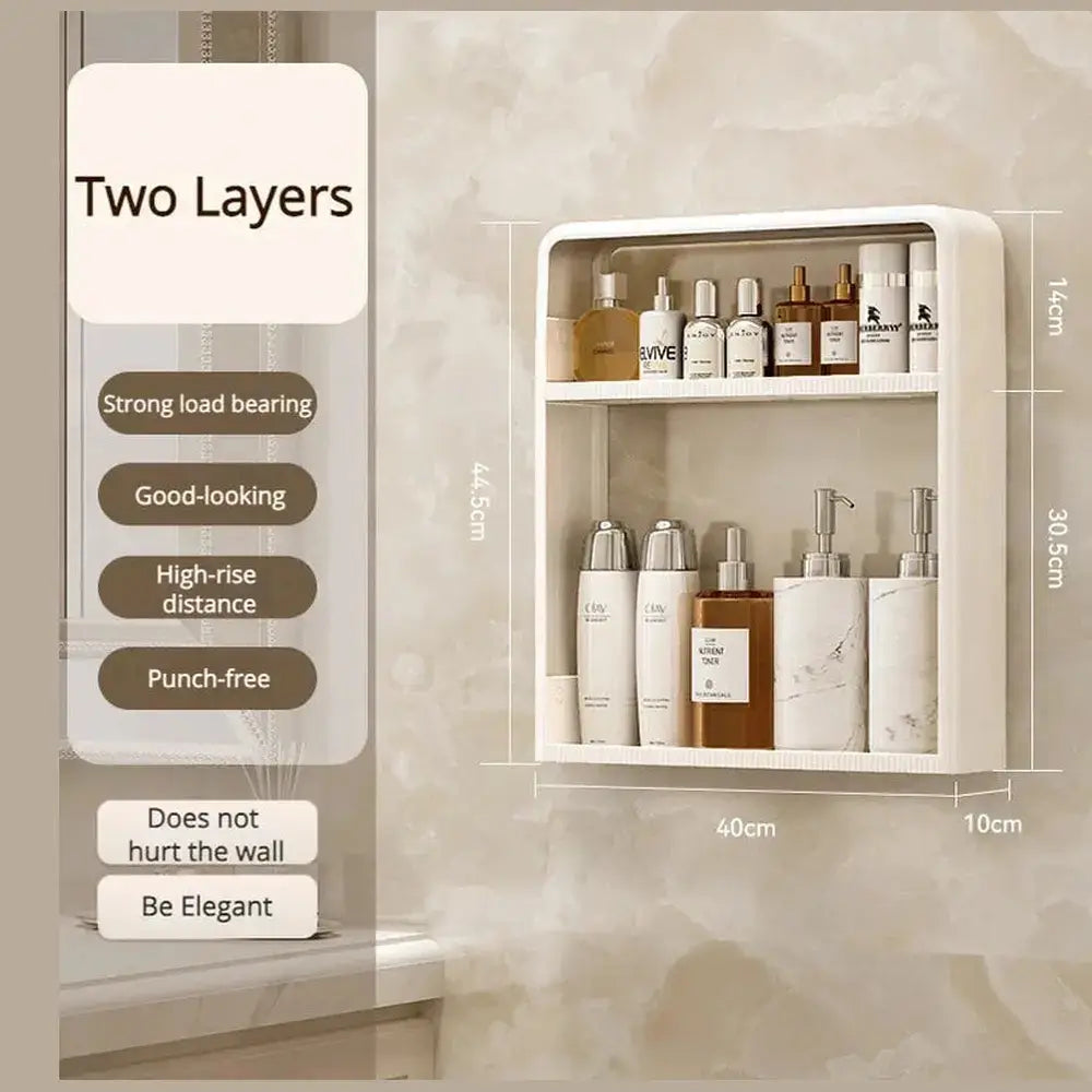 No-Drill Bathroom Organizer Shelf showcasing toiletries on a wall-mounted storage rack, providing stylish organization.