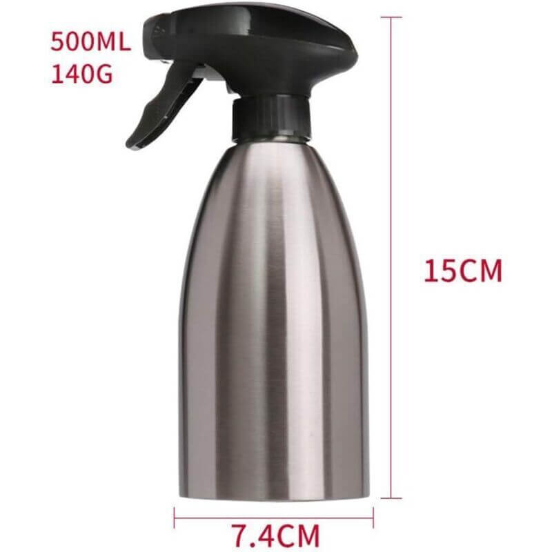 500ml stainless steel olive oil sprayer with a fine mist nozzle for cooking, baking, grilling, and air frying.