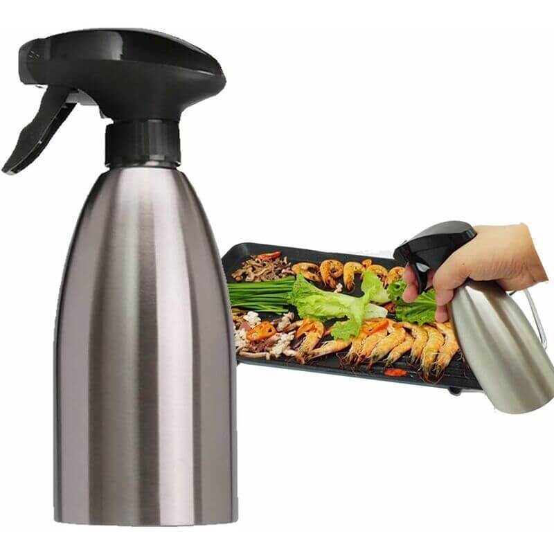 500ml stainless steel olive oil sprayer with a fine mist nozzle for cooking, baking, grilling, and air frying.