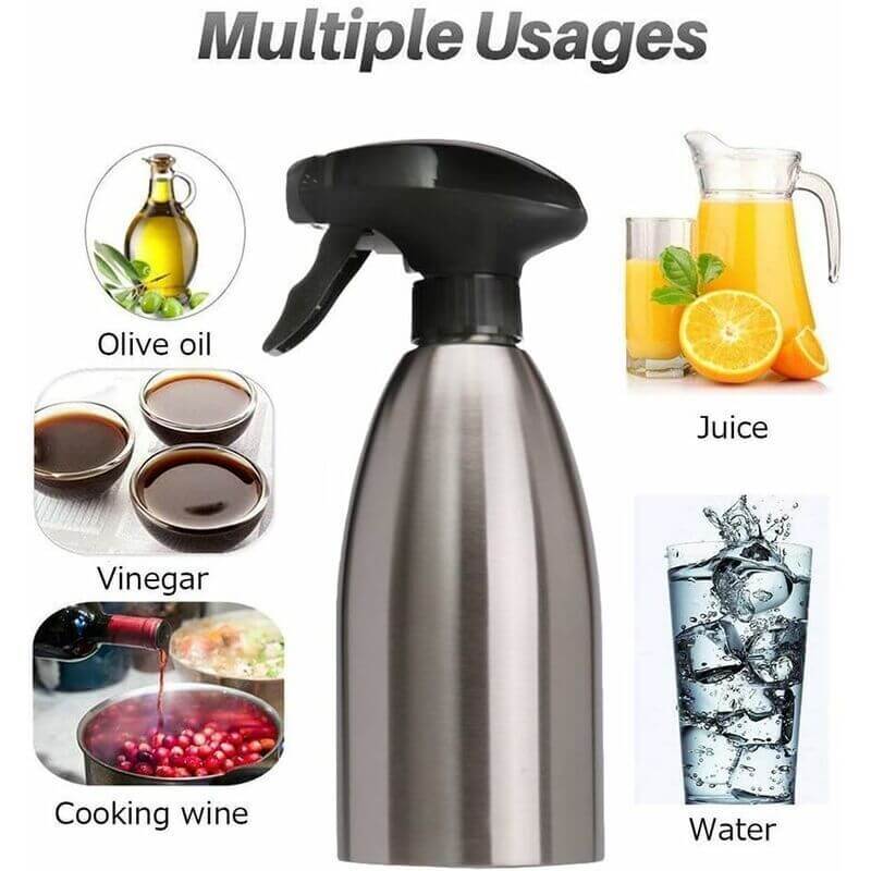 500ml stainless steel olive oil sprayer with a fine mist nozzle for cooking, baking, grilling, and air frying.