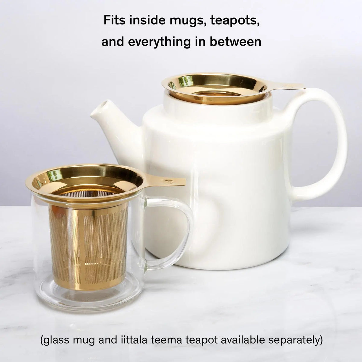 One cup tea infuser fits inside mugs, teapots, and everything in between for convenient brewing.