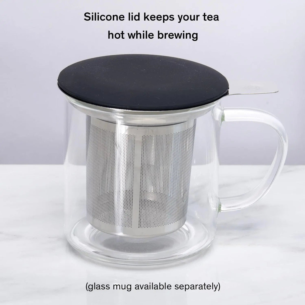 One cup tea infuser with silicone lid for brewing tea, keeps your tea hot while steeping.
