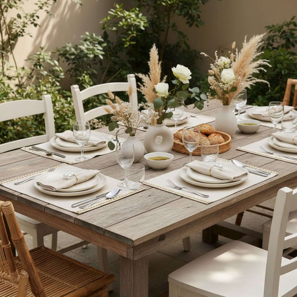 Set of four hand-embroidered organic cotton placemats with a pearl detail.