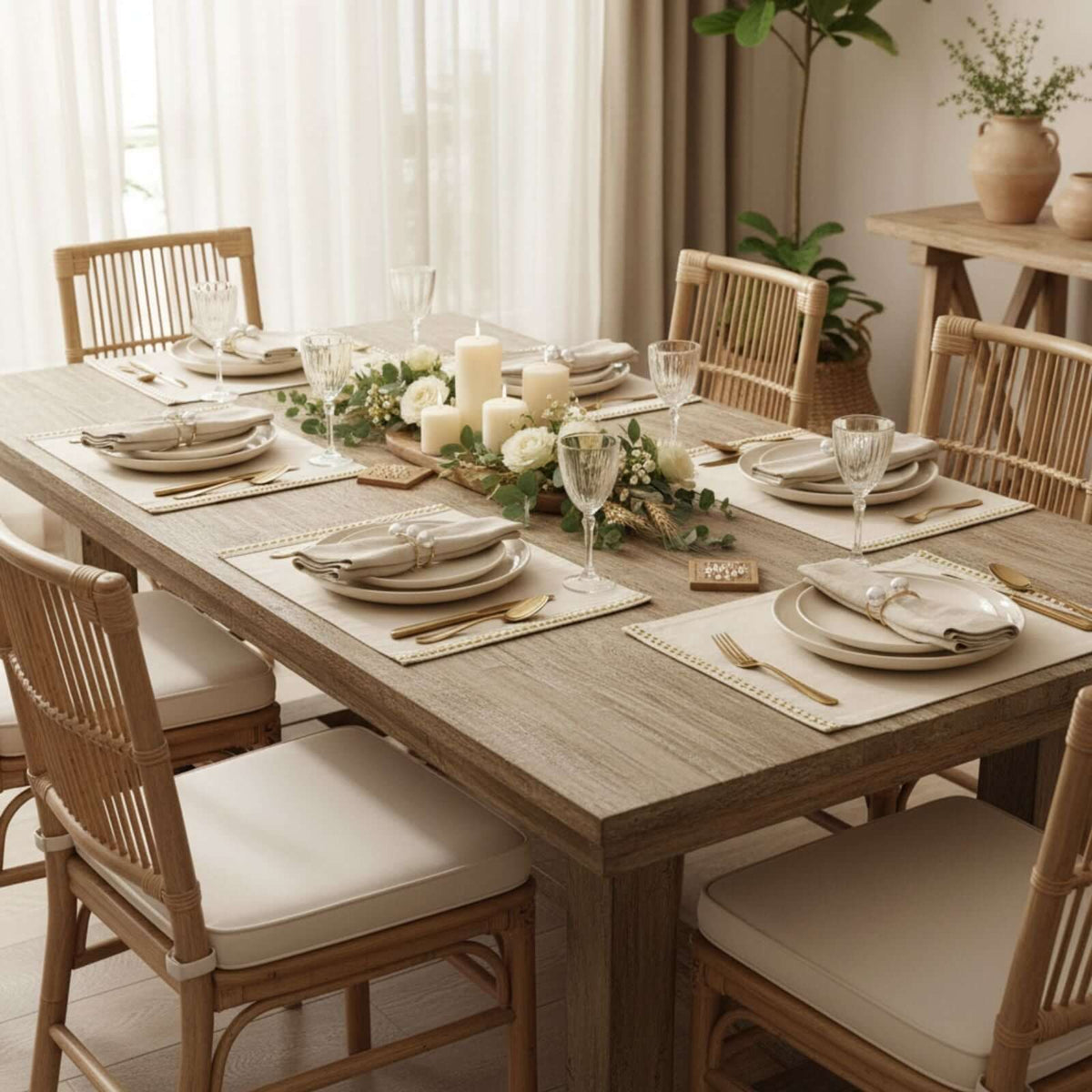 Set of four hand-embroidered organic cotton placemats with a pearl detail.