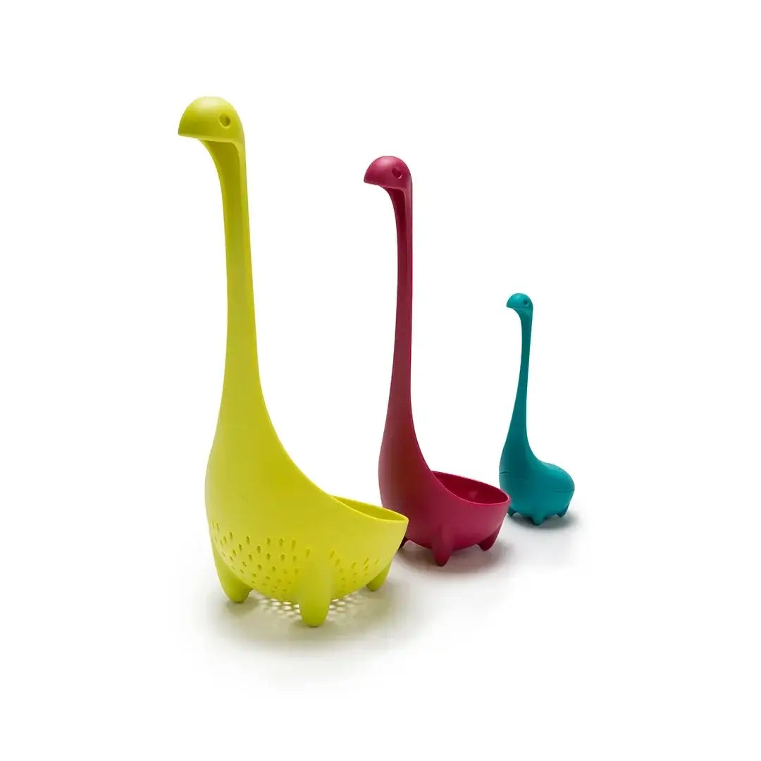 Nessie kitchen gadget set with yellow ladle, burgundy colander spoon, and teal tea infuser