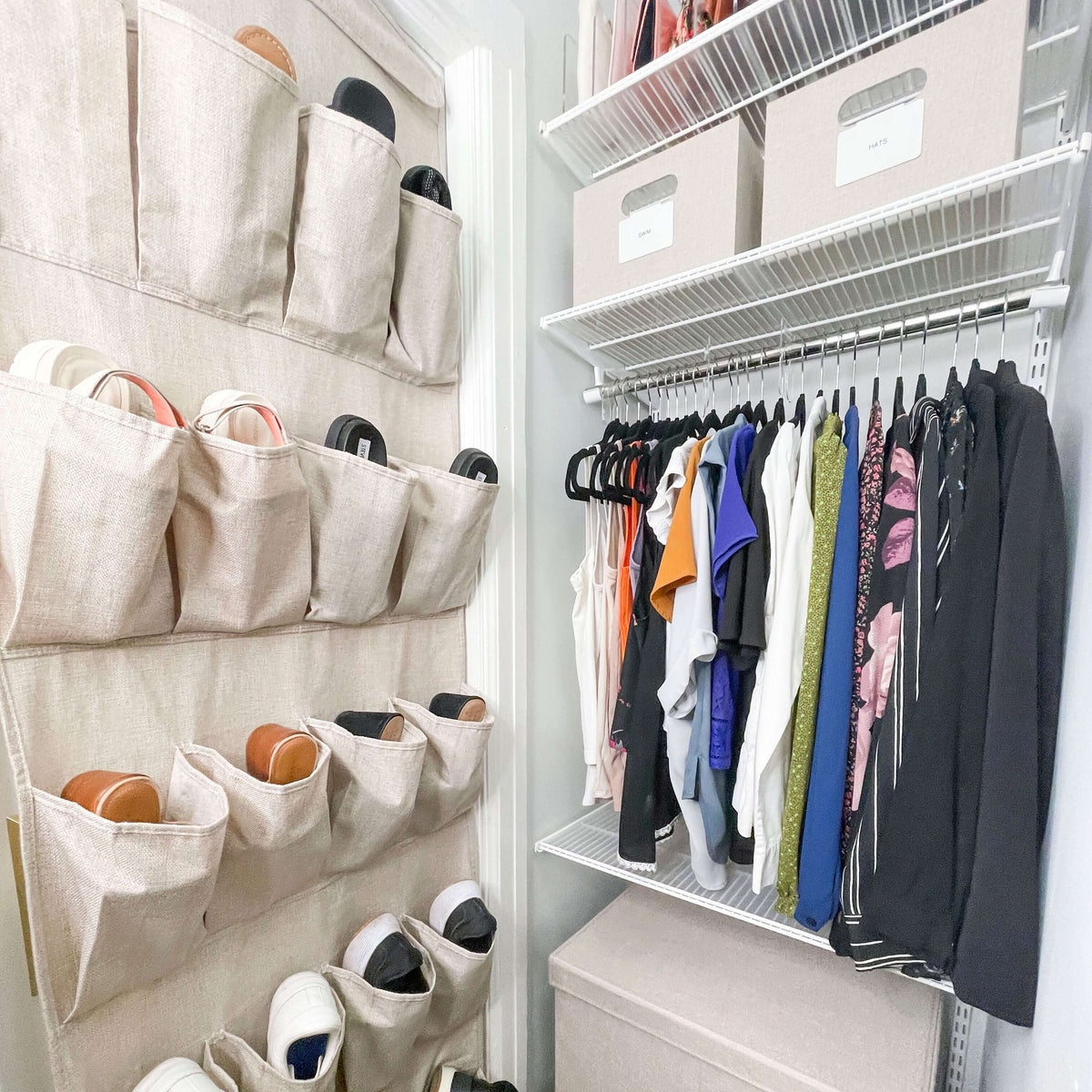 Over-the-door shoe organizer with 20 pockets holding shoes neatly on a door, keeping floors clear and shoes organized