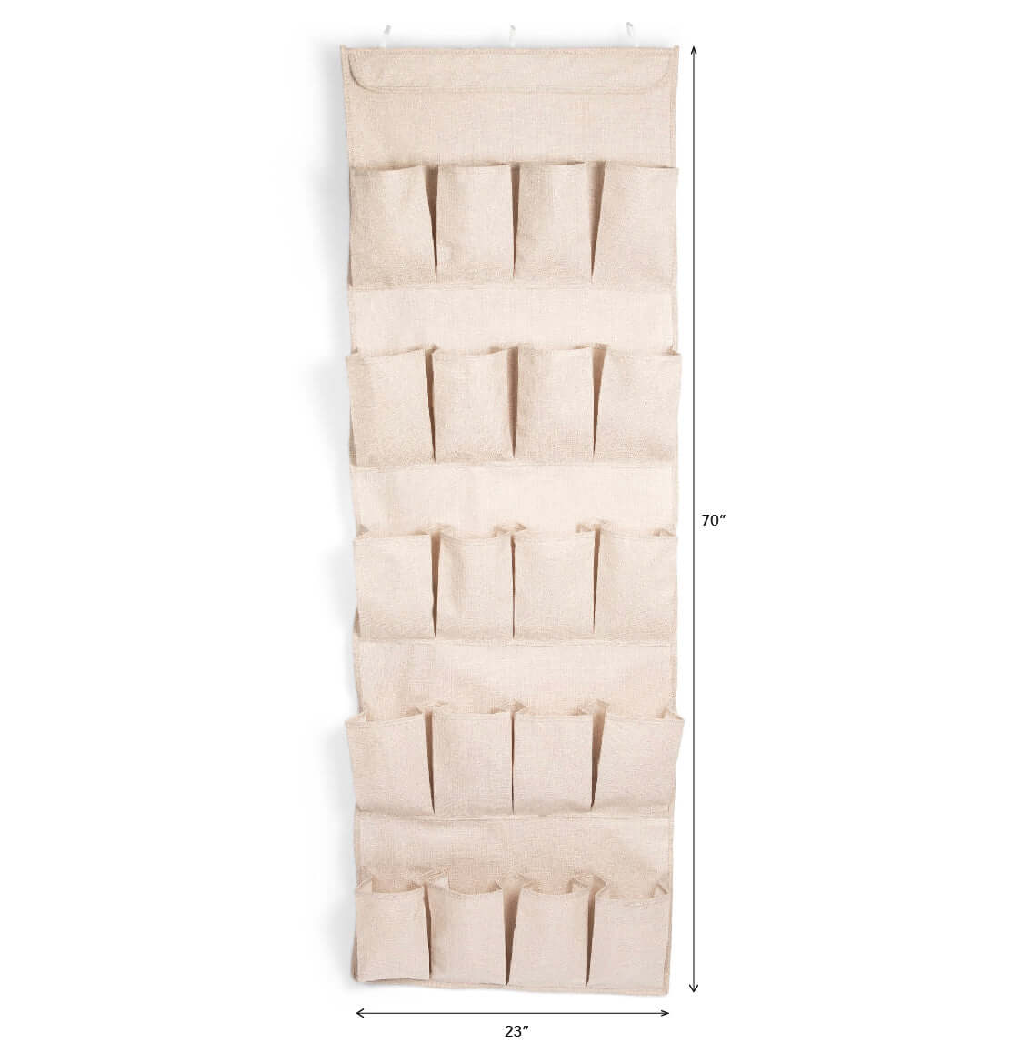 Over-the-door shoe organizer with 20 pockets in natural linen hanging on door for space-saving storage