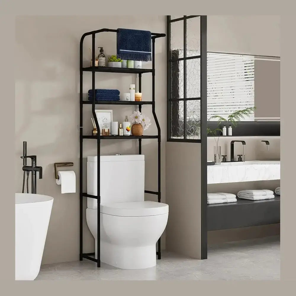 Over-the-toilet storage shelf with towel rack, black finish, maximizing space above the toilet for stylish bathroom organization.