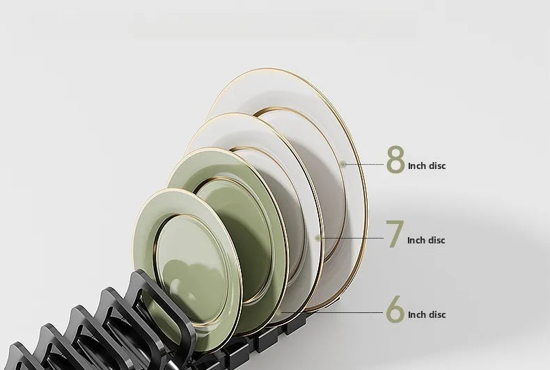 Pull-Out Cabinet Organizer with Sliding Baskets, 600–800 mm with plates in dish rack showing sizes 6, 7, and 8 inch discs.