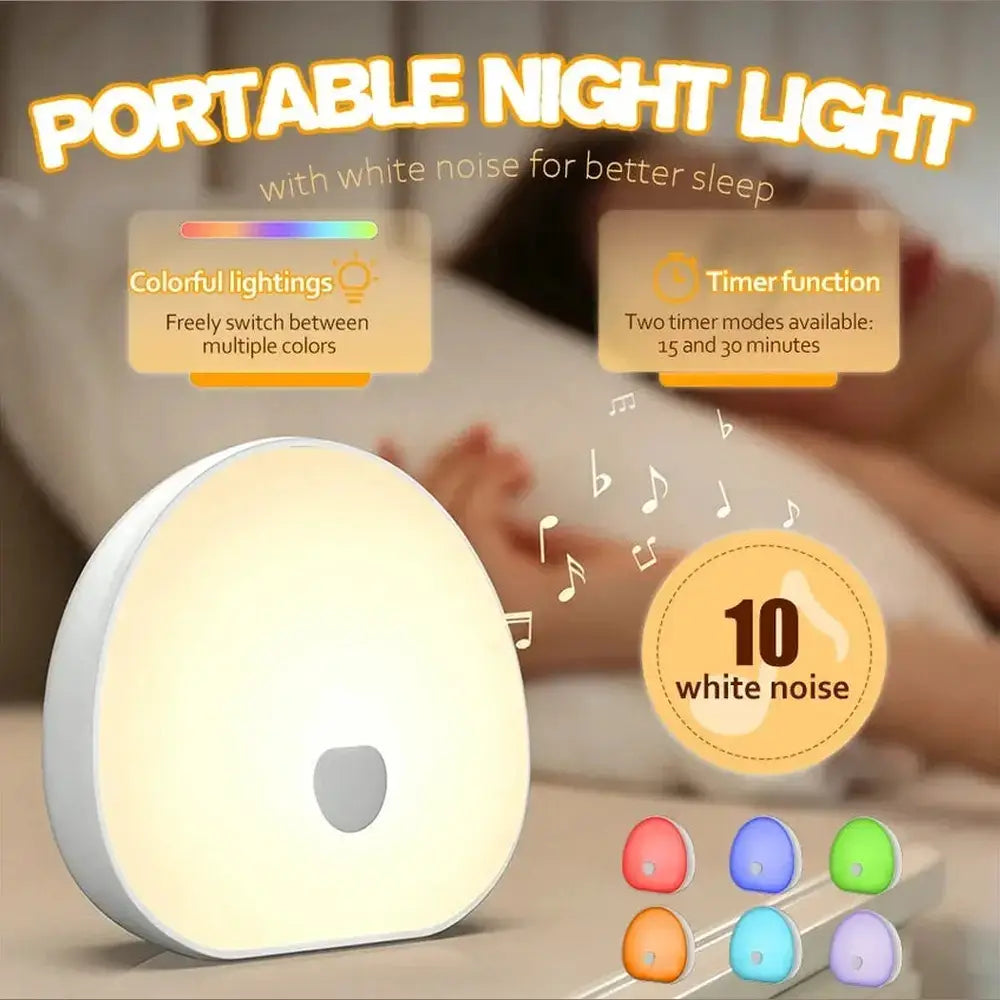Experience peaceful nights with this white noise night light for better sleep, featuring 10 soothing sounds and colorful ambient lighting.