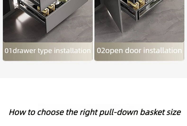 Pull-Out Cabinet Organizer with Sliding Baskets, 600–800 mm installation guide showing drawer and door types.