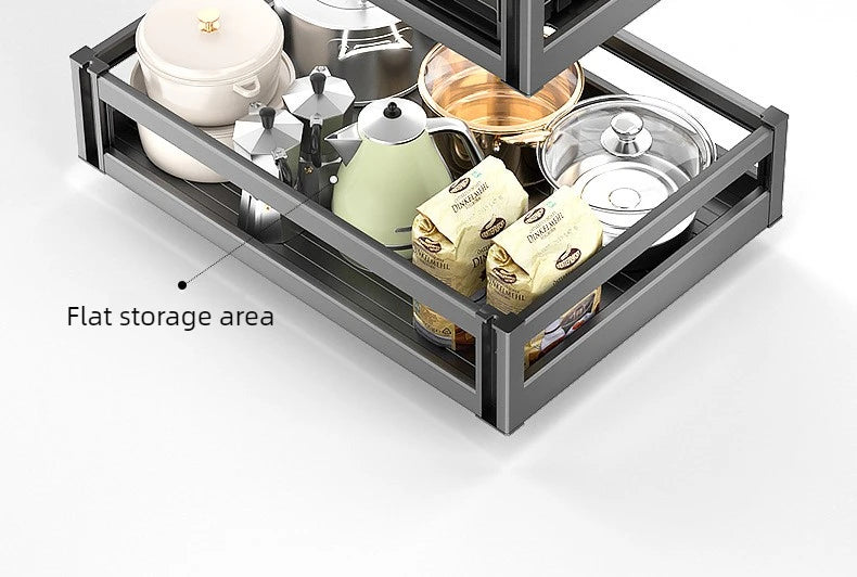 Pull-Out Cabinet Organizer with Sliding Baskets, 600–800 mm showcasing a flat storage area with various cooking items.