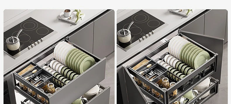 Pull-Out Cabinet Organizer with Sliding Baskets, 600–800 mm showcasing organized dishes and utensils in a modern kitchen.