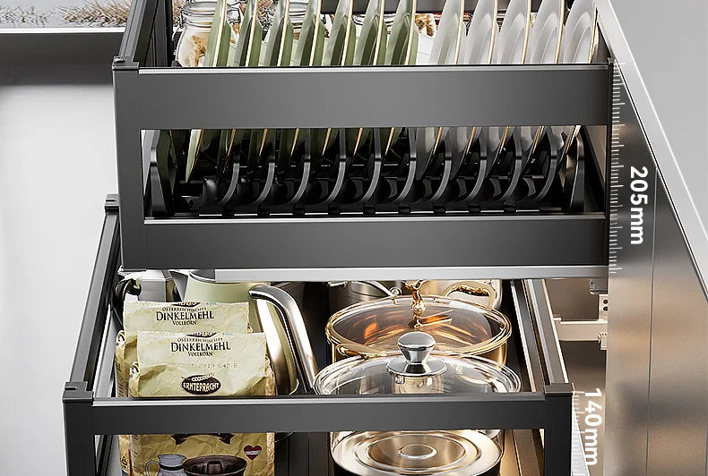 Image of a Pull-Out Cabinet Organizer with Sliding Baskets, 600–800 mm showcasing dishes and pots in organized sliding baskets.