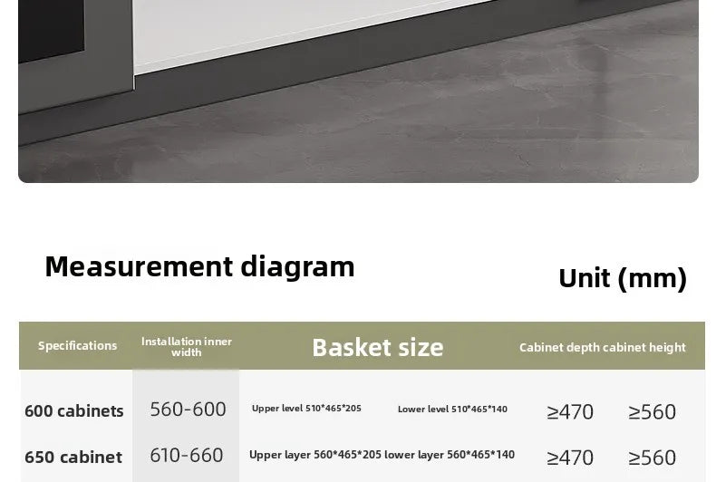 Measurement diagram for Pull-Out Cabinet Organizer with Sliding Baskets, 600–800 mm dimensions and specifications.