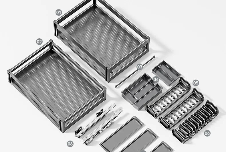 Pull-Out Cabinet Organizer with Sliding Baskets, 600–800 mm components and assembly parts laid out on a flat surface.