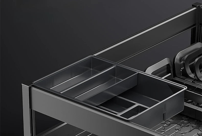Pull-Out Cabinet Organizer with Sliding Baskets, 600–800 mm featuring a sleek black dish rack and organize trays.