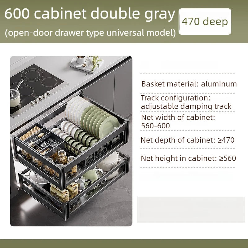 Pull-Out Cabinet Organizer with Sliding Baskets, 600–800 mm in double gray for 600 cabinet, 470 deep for optimal kitchen storage.