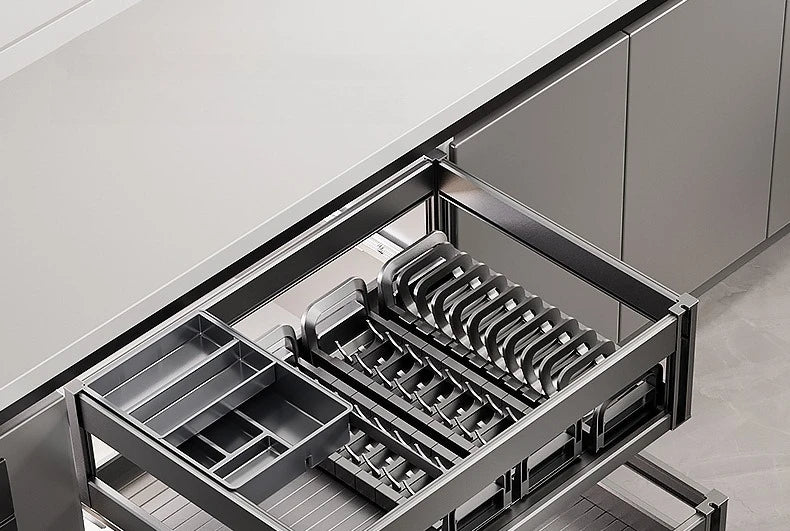 Pull-Out Cabinet Organizer with Sliding Baskets, 600–800 mm showcasing a well-organized kitchen storage solution.