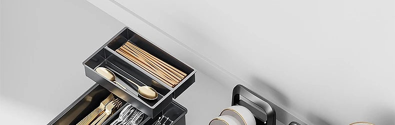 Pull-Out Cabinet Organizer with Sliding Baskets, 600–800 mm displaying utensils and cookware in organized manner.