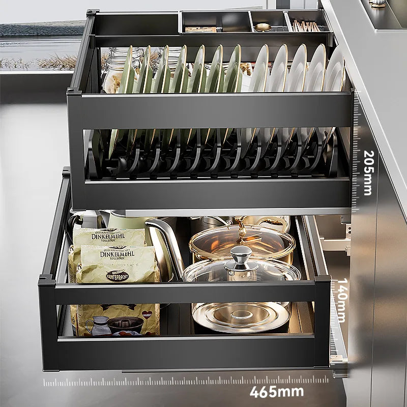 Pull-Out Cabinet Organizer with Sliding Baskets, 600–800 mm featuring a two-tier design with a dish rack and pots.