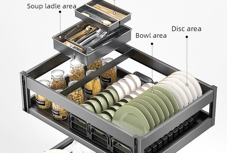 Pull-Out Cabinet Organizer with Sliding Baskets, 600–800 mm showcasing organized bowls, plates, and utensils for easy access.