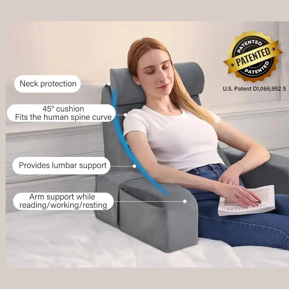 Reading pillow with armrests offering neck protection and lumbar support while relaxing.