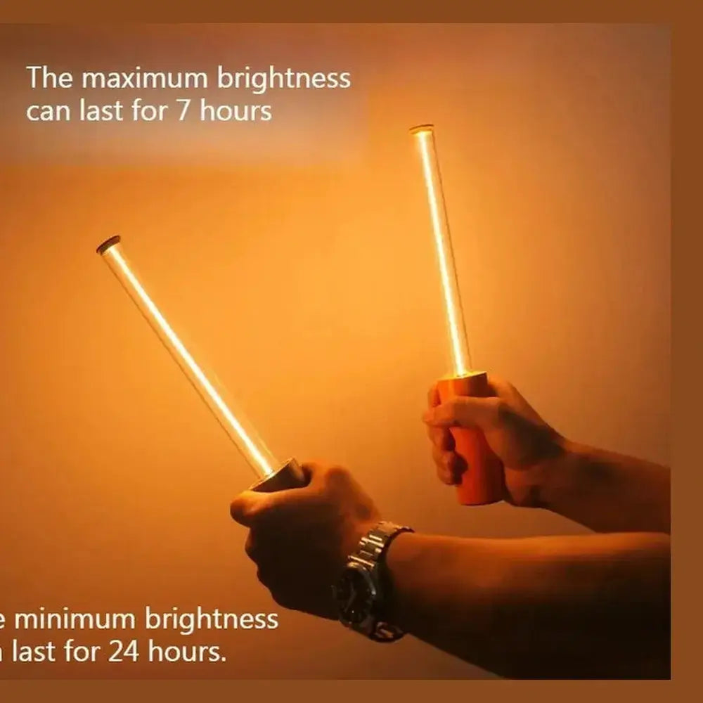 Rechargeable LED night light geometric bar showcasing brightness duration of 7 hours at maximum and 24 hours at minimum.
