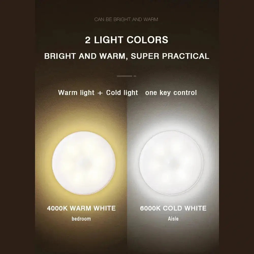 Rechargeable motion sensor light showing warm and cold light options for versatile home illumination.
