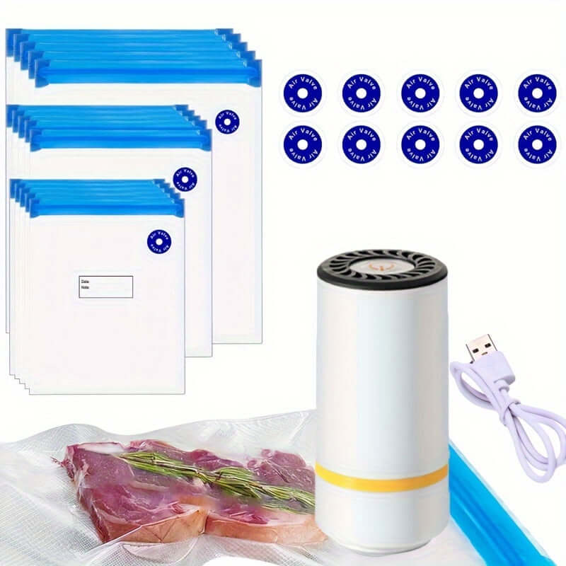 Rechargeable USB vacuum sealer pump for compact food storage and meal prep.