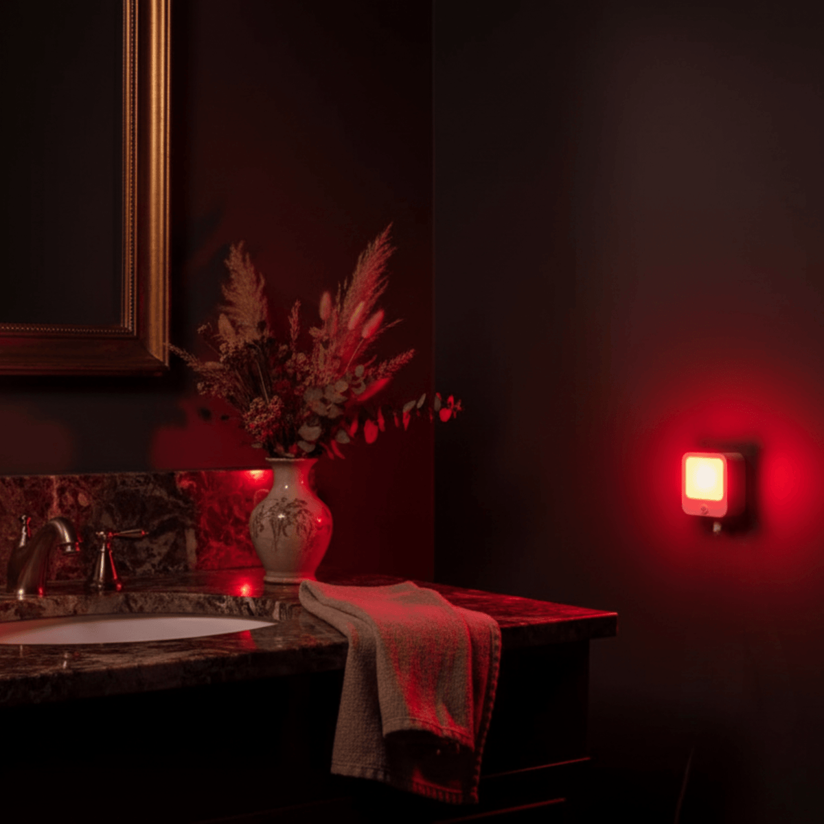 red motion sensor night light with 3 modes illuminating bathroom vanity in soft red glow