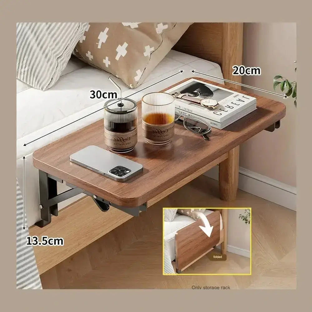 bedtime comfort gift set with clip-on wooden shelf holding phone, water glass, and accessories by bed