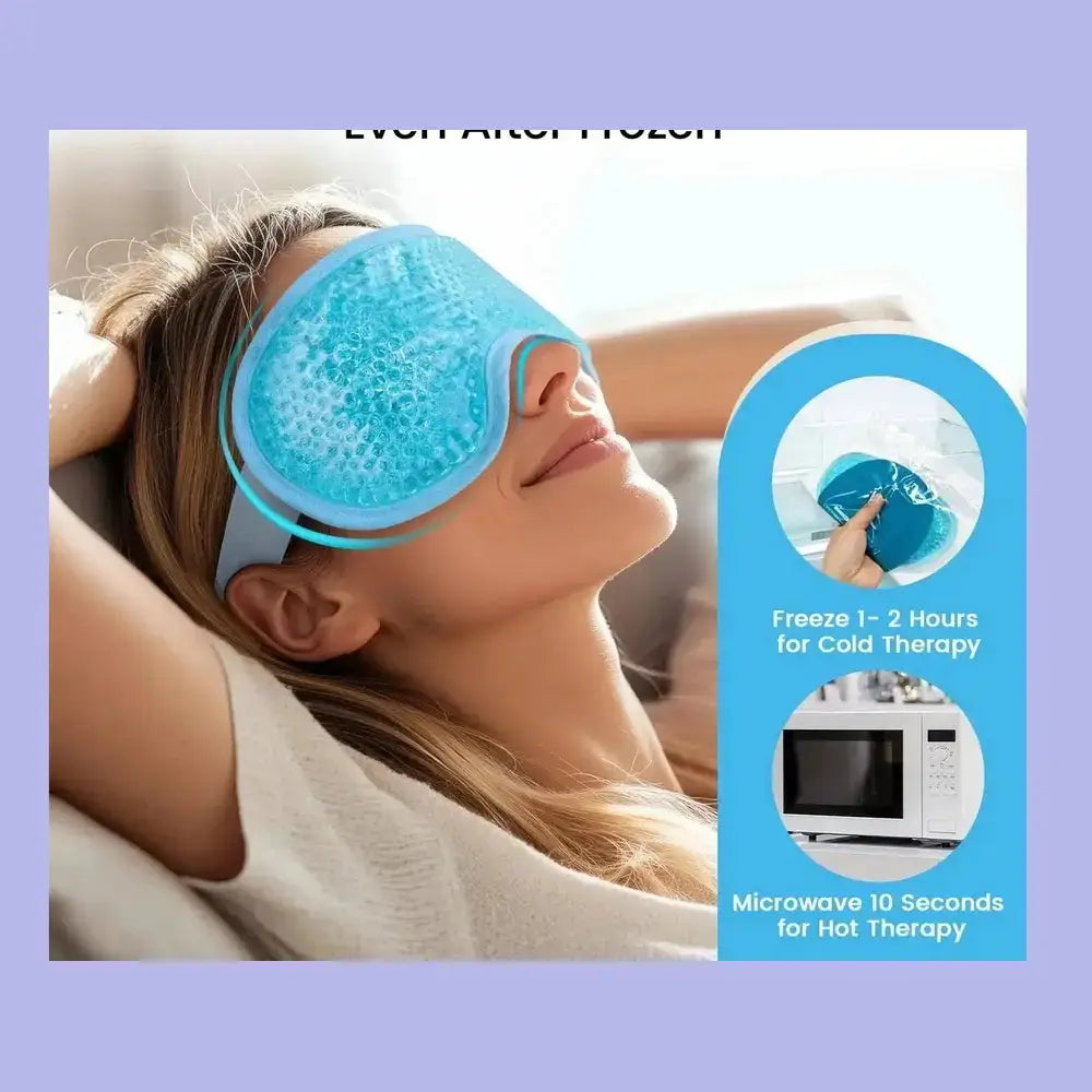 Reusable gel bead eye mask shown chilled in the freezer before use.