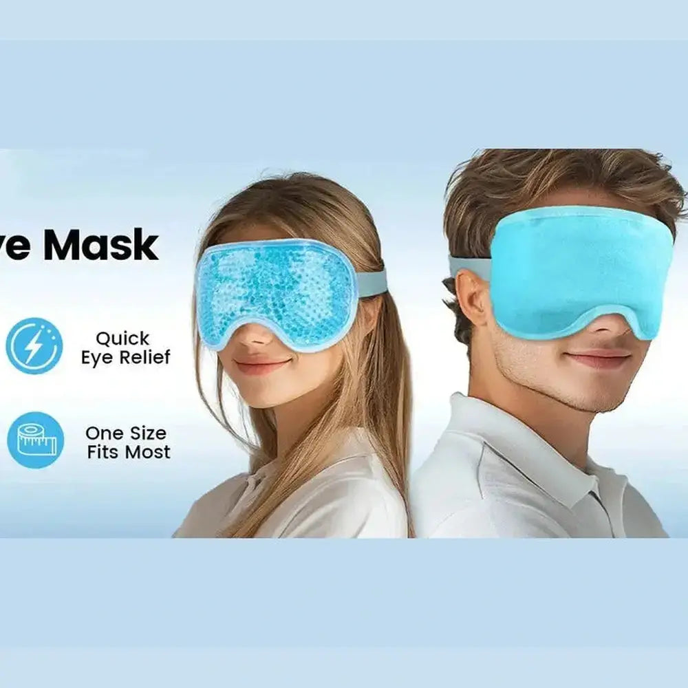 Reusable gel bead eye mask warmed for gentle heat therapy around the eyes.