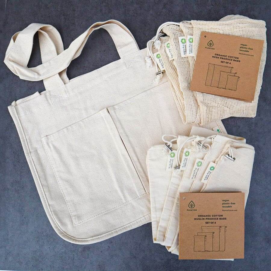 Reusable Organic Cotton Produce Bags Set featuring a tote and multiple bags for eco-friendly grocery shopping.