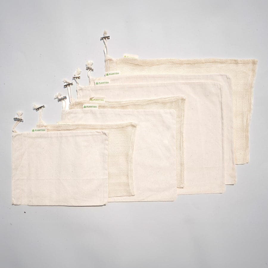 Reusable organic cotton produce bags set, perfect for shopping and pantry organization.