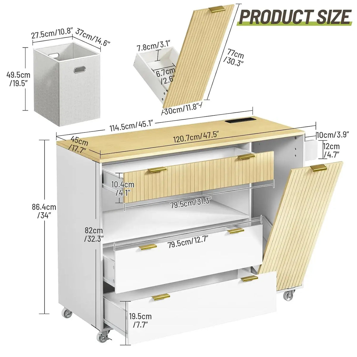 Rolling Kitchen Island with Storage, Power Outlet & Trash Bin – image 12